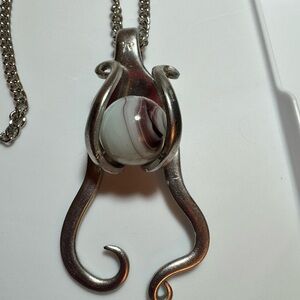 Silver Pendant Necklace with Swirled Marble Accent